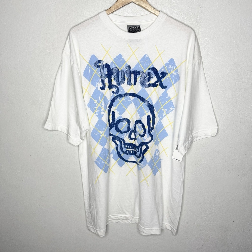 New Y2K Avirex Blue‎ Skull T-Shirt Men's XL Argyle Diamond Graphic Yellow READ